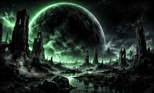 Alien world with green glowing planet and rocky landscape