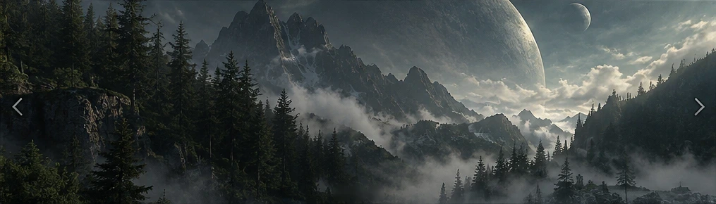 Atmospheric fantasy landscape with mountains and distant planets